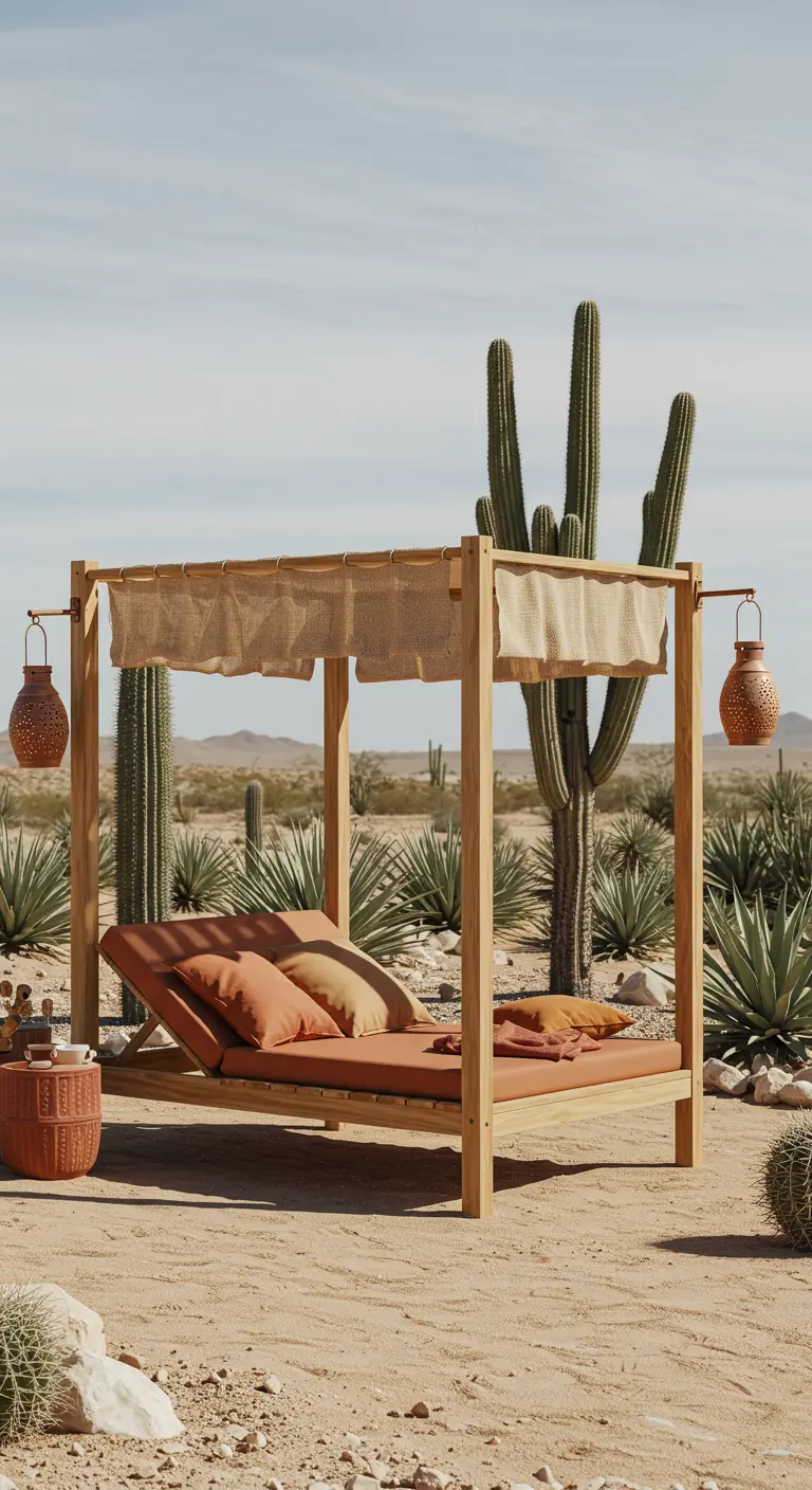 Teak daybed with terracotta cushions and woven lanterns in a desert landscape.