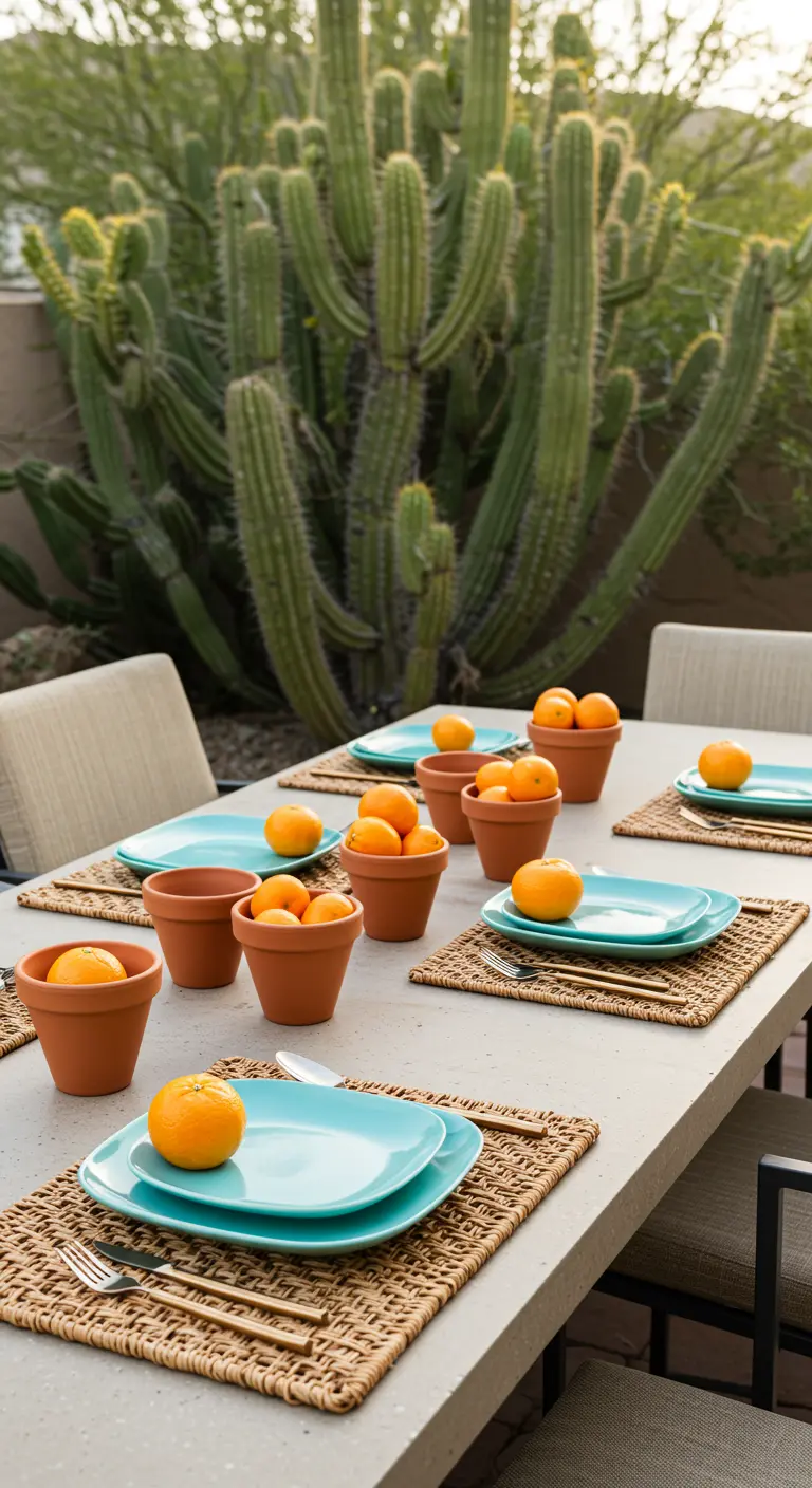 A modern desert-themed table with terracotta pots holding oranges and turquoise plates.