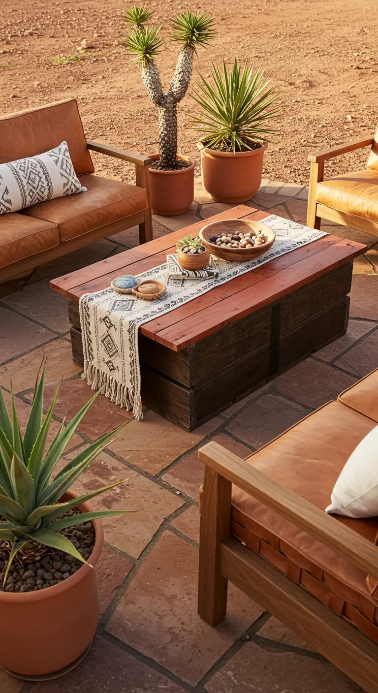 Dark wood crate table on a terracotta patio with leather chairs and succulents.