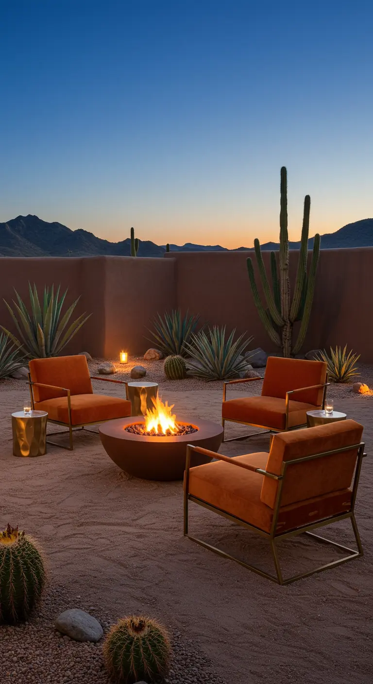 Terracotta velvet chairs with gold frames around a fire pit in a desert landscape.