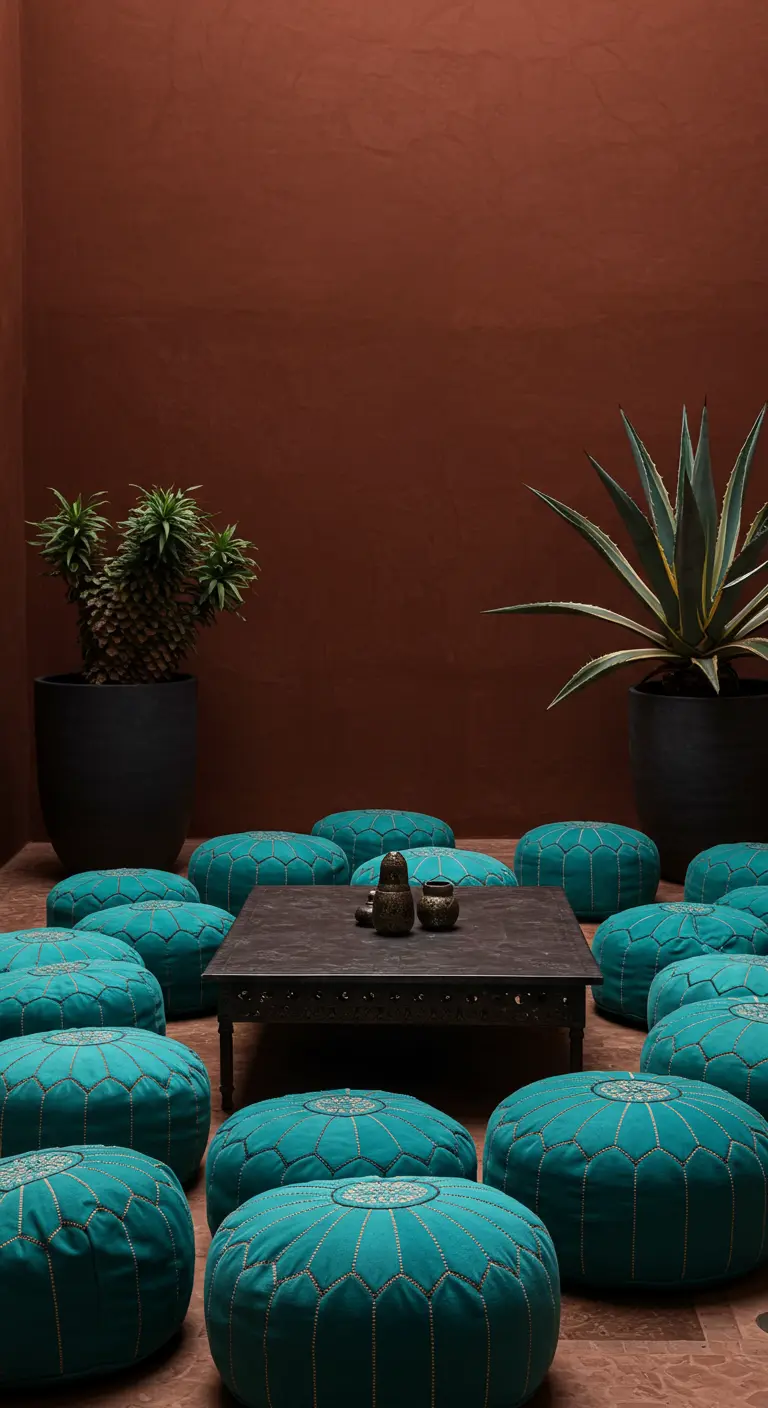 Deep teal poufs arranged in a courtyard with terracotta walls and large potted succulents.