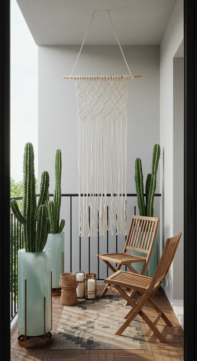 A balcony with tall cacti in frosted planters, a macramé hanging, and teak chairs.