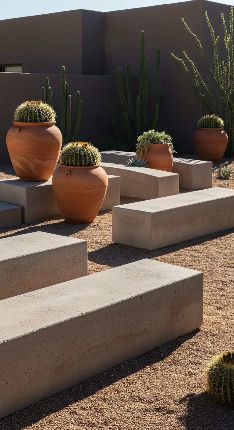 Modular concrete benches and large terracotta pots with barrel cacti in a desert garden setting.