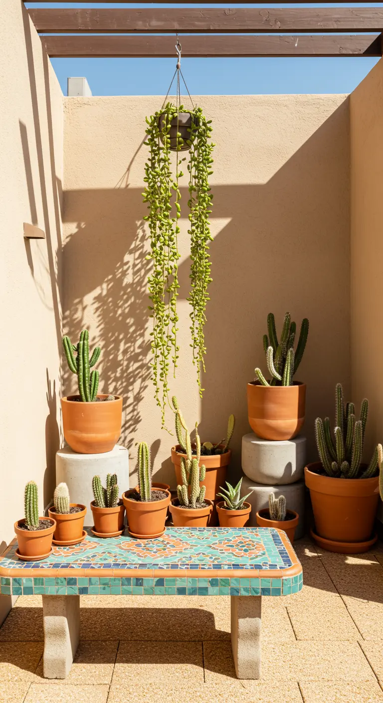 Mosaic bench in a desert-themed patio with various cacti and succulents.