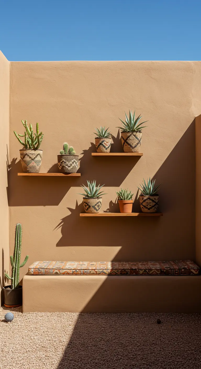 Staggered teak shelves on a tan stucco wall holding a variety of cacti and succulents.