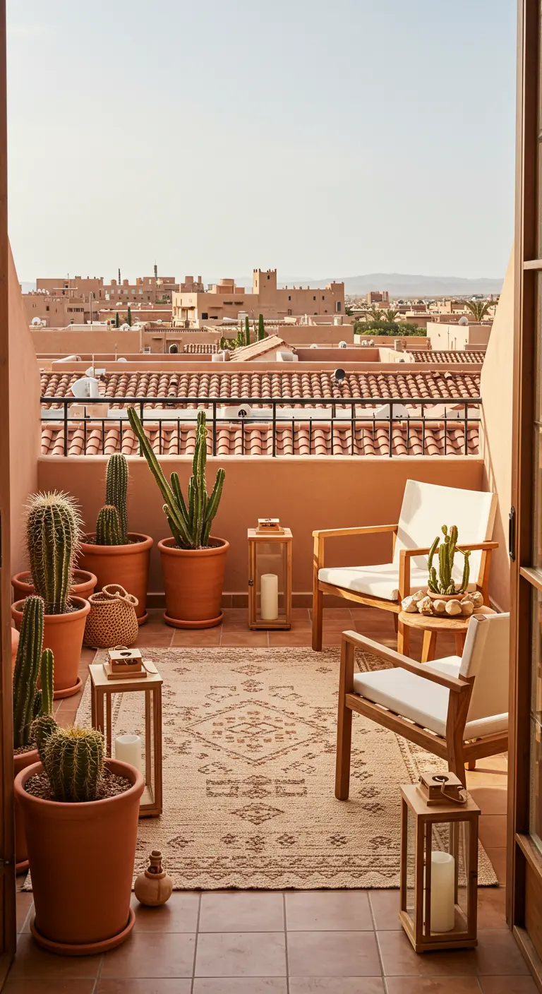 A sunny balcony with terracotta pots filled with cacti, modern wood chairs, and a neutral rug.