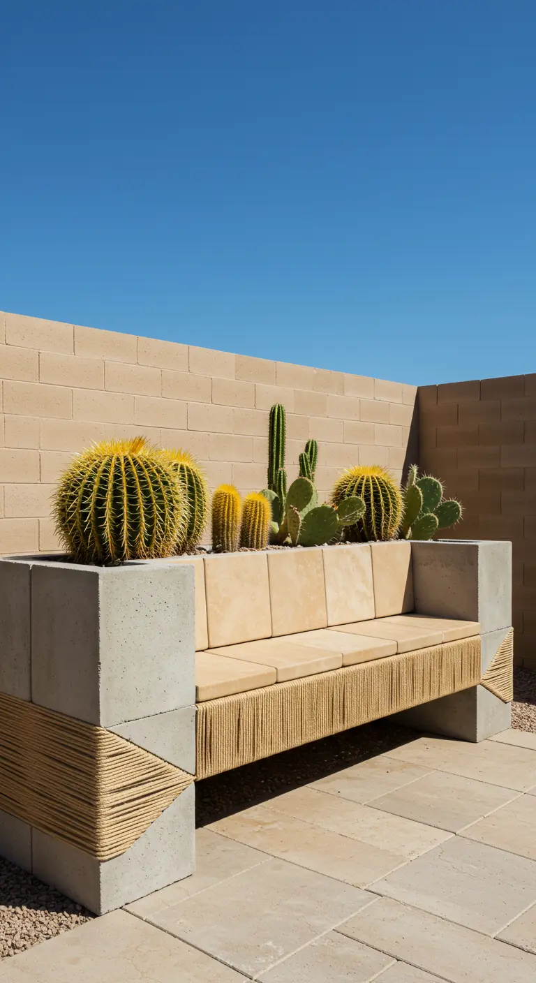 A concrete block bench with woven rope details and a variety of cacti in a desert setting.