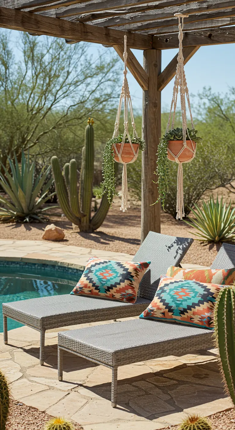Loungers by a pool in a desert setting with colorful Southwestern-patterned pillows.