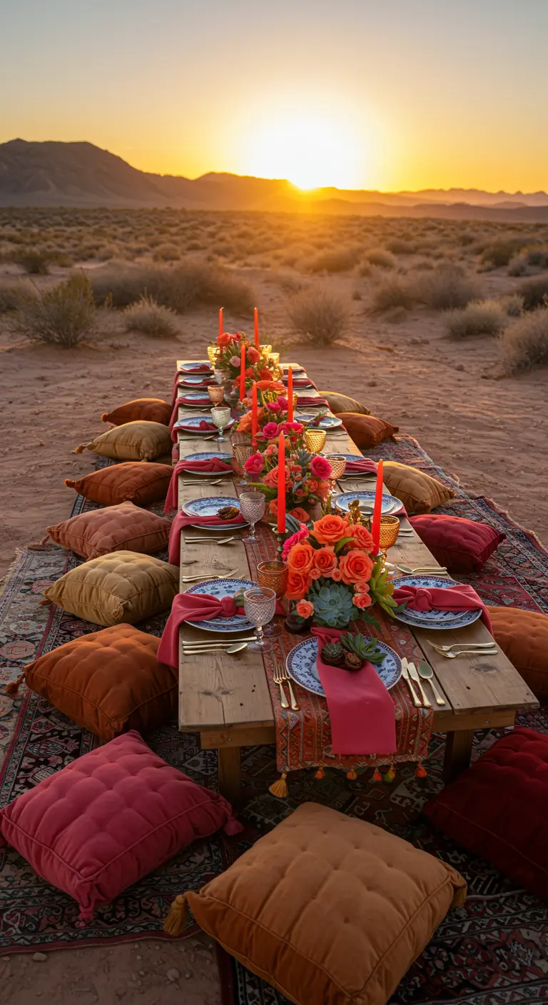 Low desert dining table with velvet cushions, coral roses, and a vibrant runner.