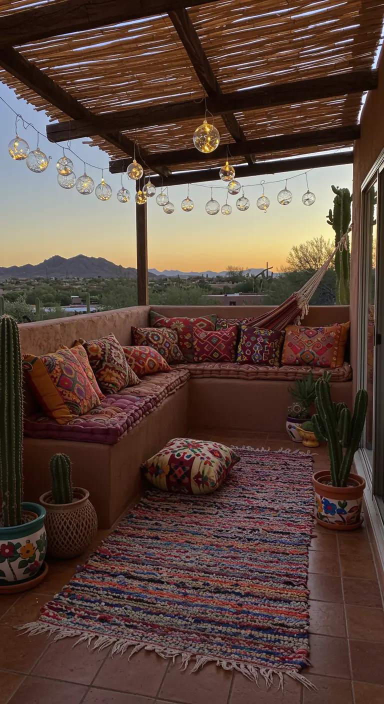 A desert balcony at sunset with built-in seating, colorful pillows, and hanging globe lights.