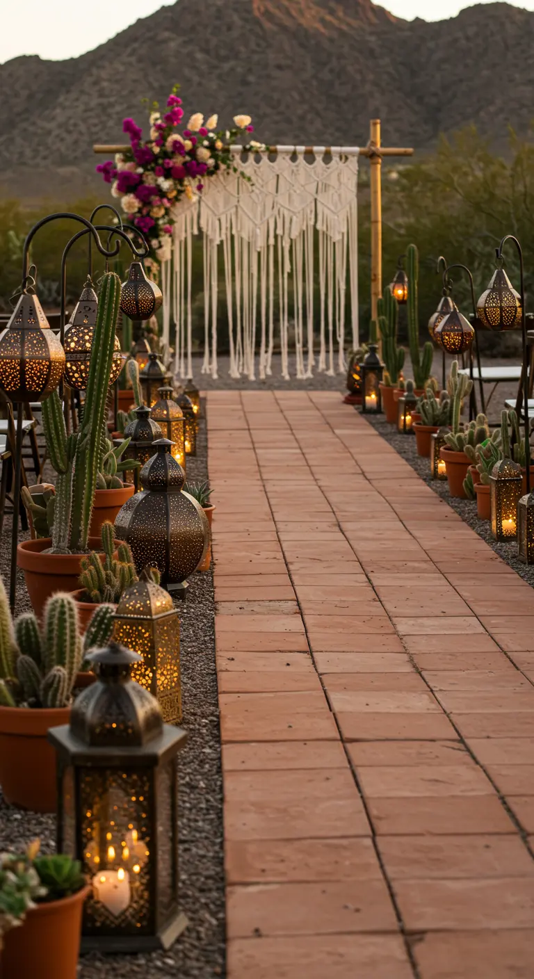 A desert wedding aisle with cacti, succulents, and Moroccan lanterns.