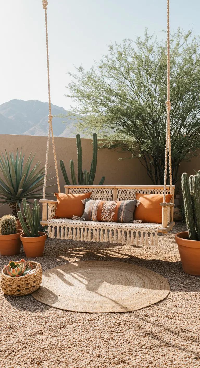 Boho swing sofa over a jute rug on a gravel patio with cacti.