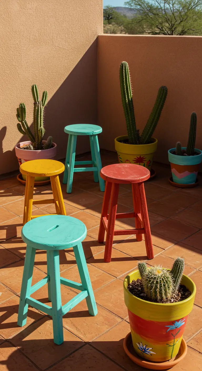 Colorful stools in turquoise, red, and yellow on a terracotta patio surrounded by potted cacti.
