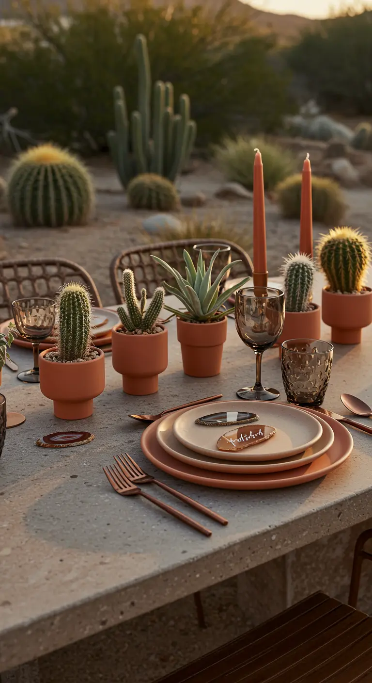 A desert-themed table setting with potted cacti, terracotta plates, and rose gold cutlery.