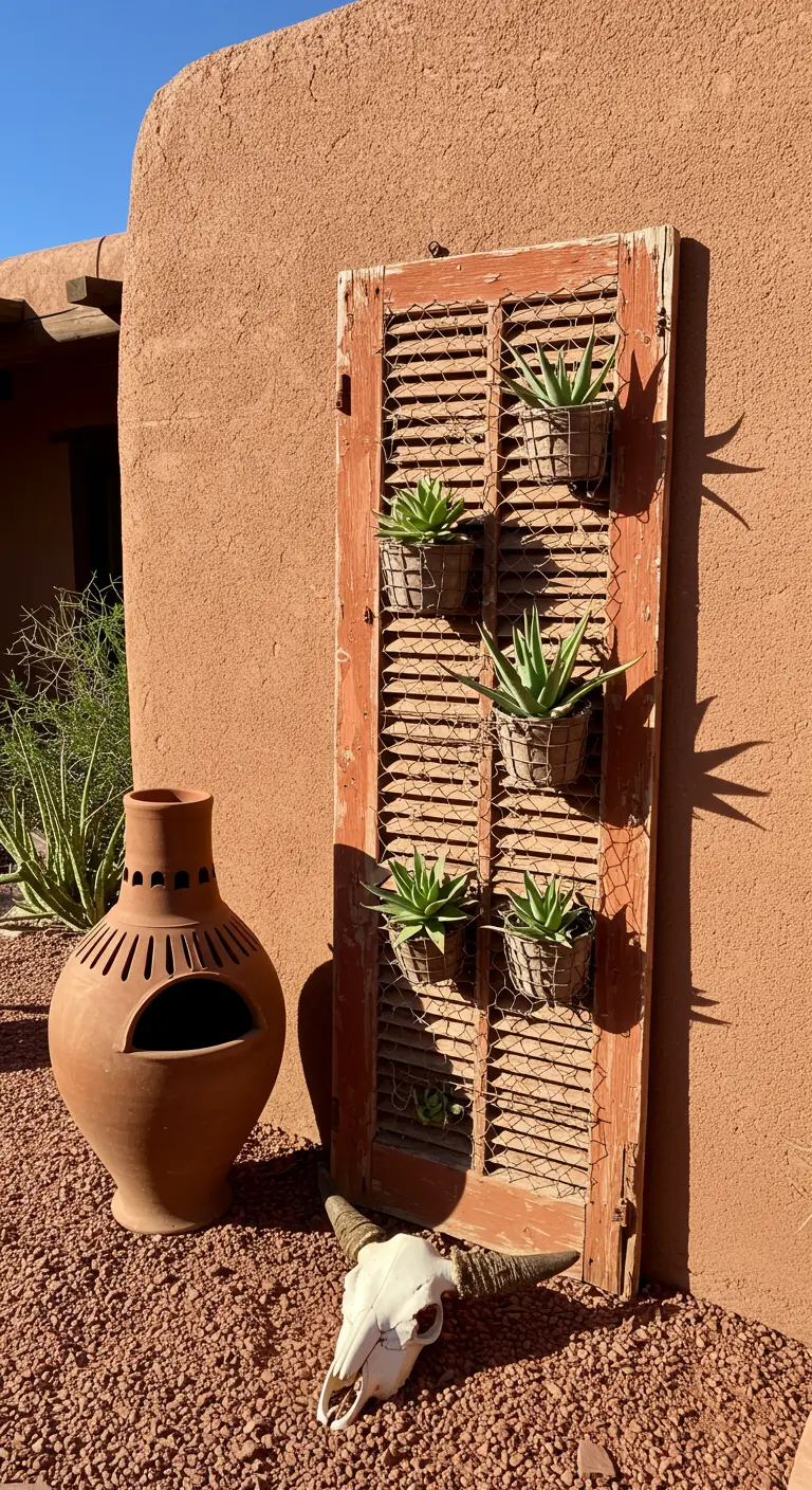 A rustic wooden shutter with succulents leans against an adobe wall with a chiminea.