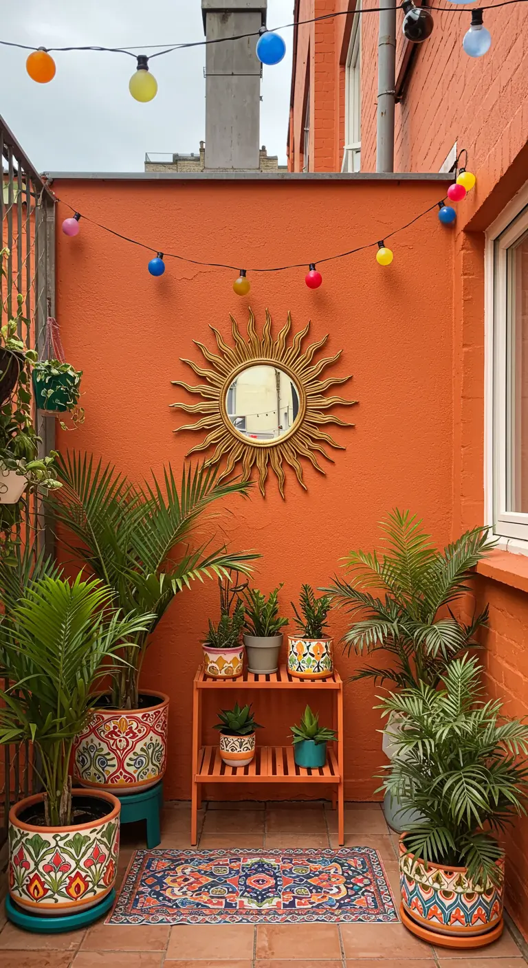 A bright patio with a terracotta-colored wall, a gold sunburst mirror, and colorful planters.