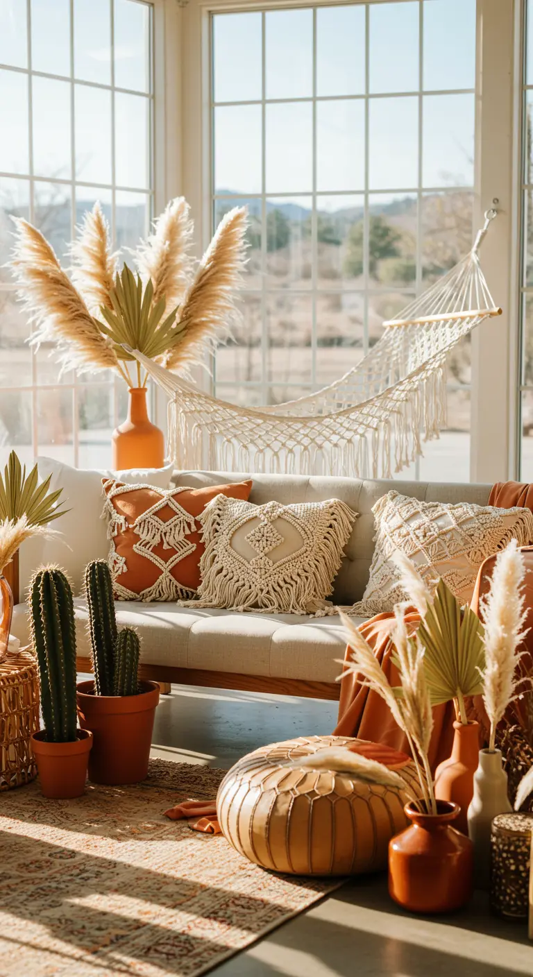 A sunny living room with a macramé hammock, pampas grass, cacti, and rust-colored pillows.