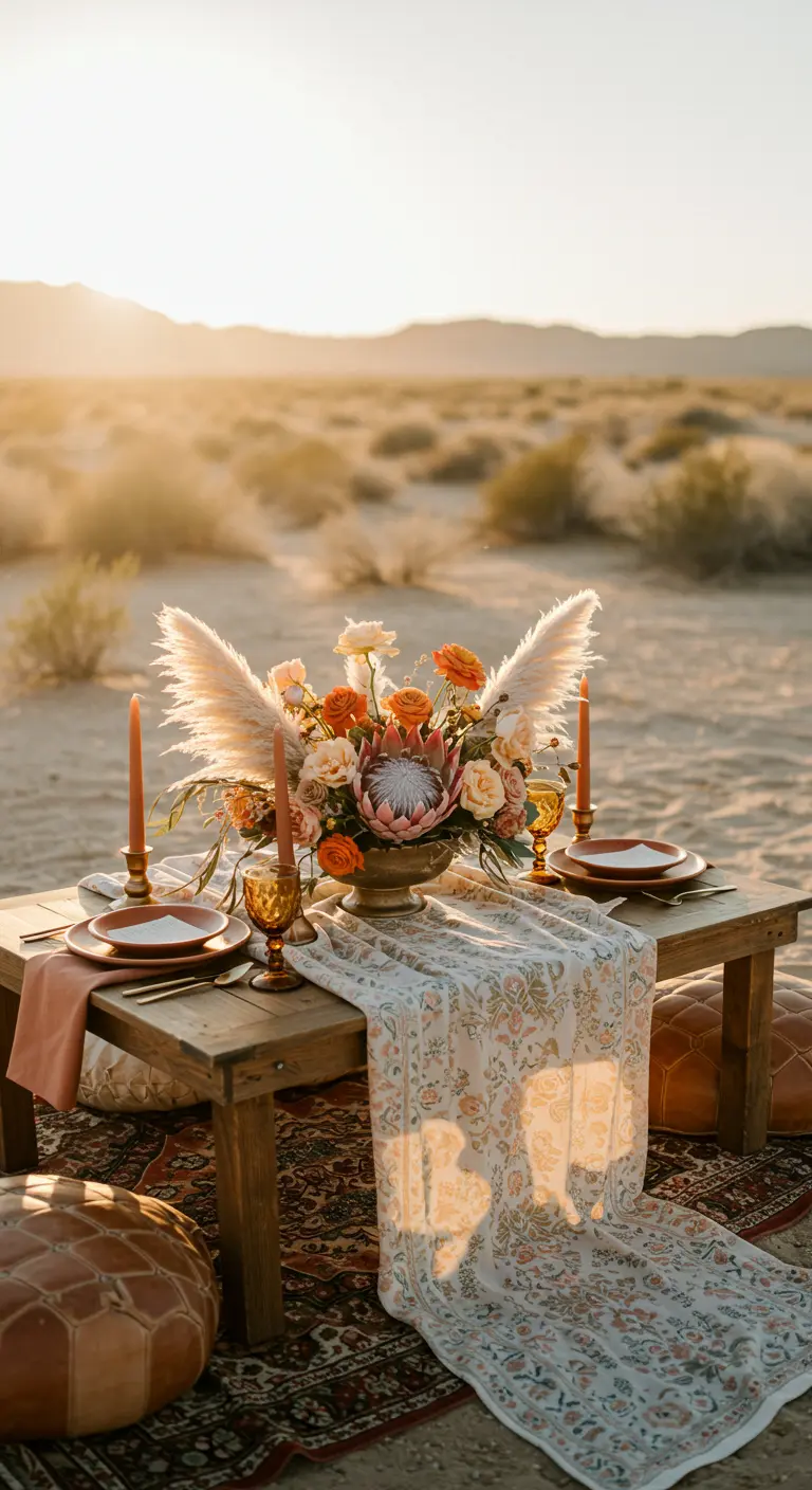 A boho-style low table in the desert with a protea centerpiece and pampas grass at sunset.