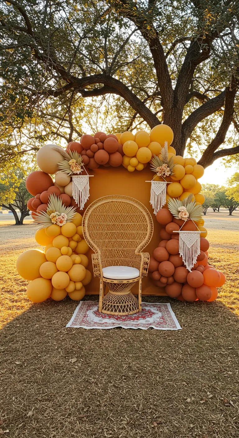 Boho balloon arch in sunset tones framing a peacock chair outdoors.
