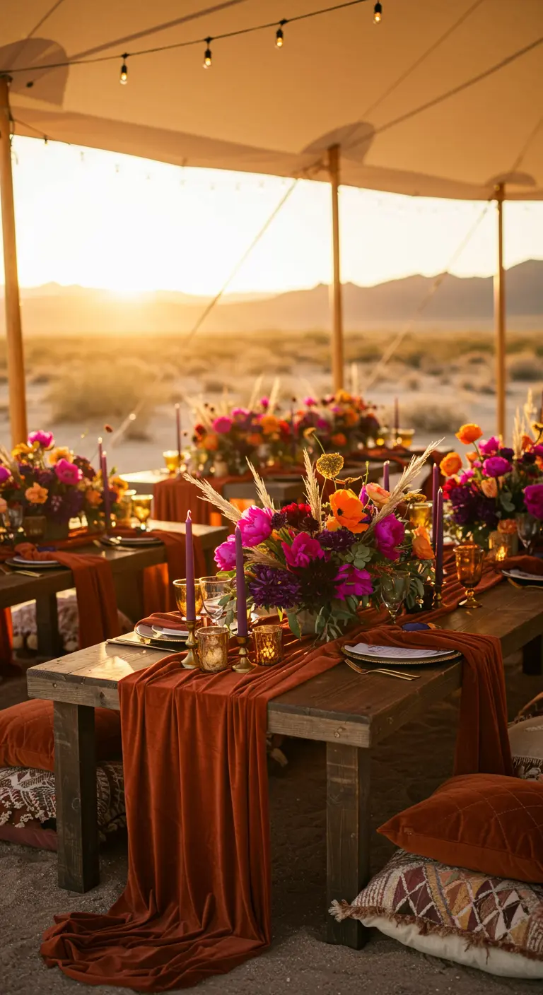 Desert setting with wooden tables, rust orange velvet runners, vibrant floral centerpieces, and floor cushions.