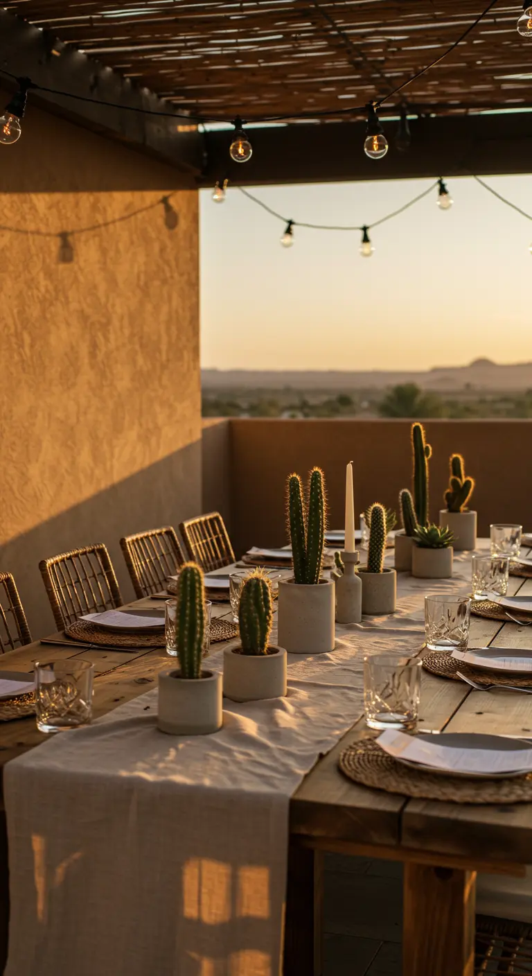 A row of various cacti in concrete pots on a rustic table during sunset.