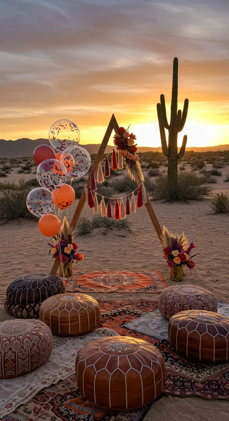 A boho desert party at sunset with a wooden A-frame, terracotta-colored balloons, and layered rugs.