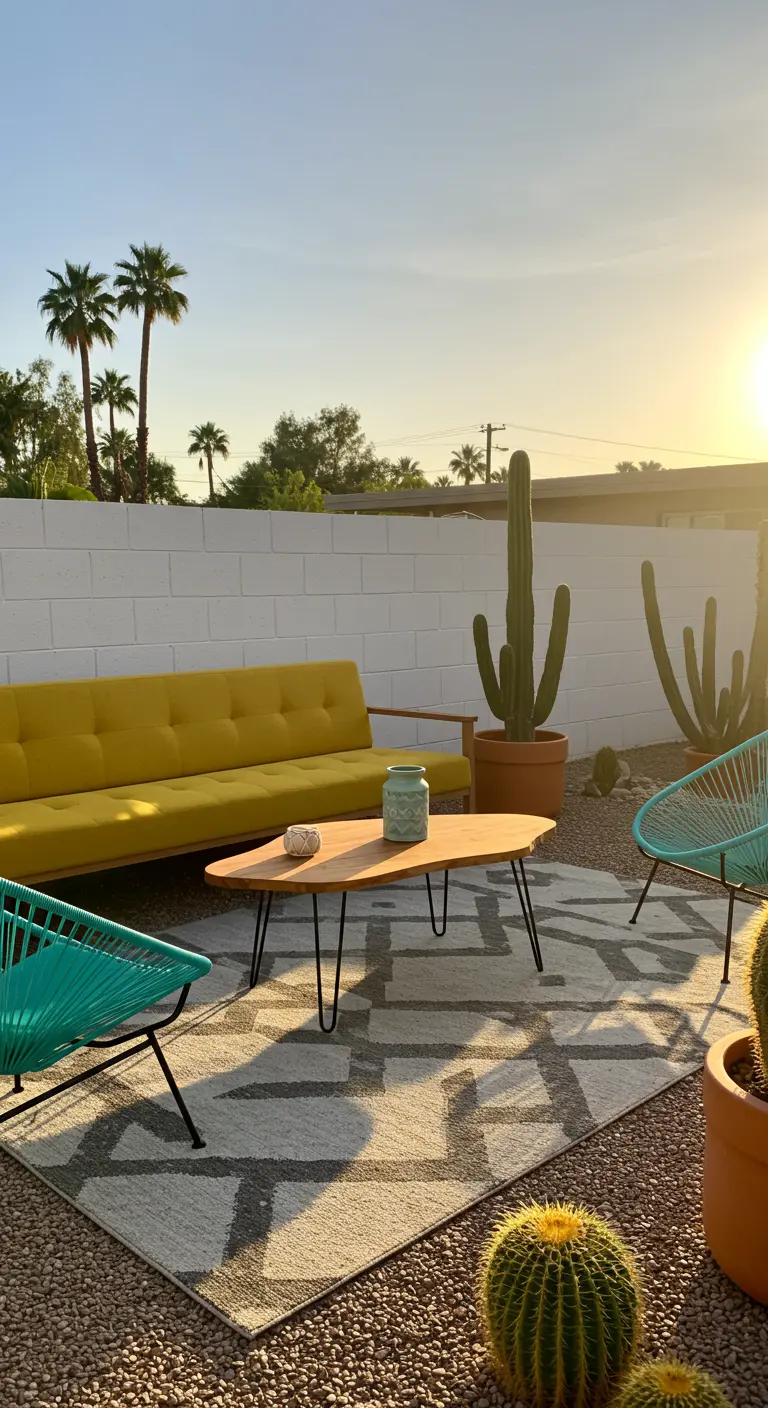 A mustard yellow mid-century sofa on a gravel patio with large cacti and a hairpin leg table.