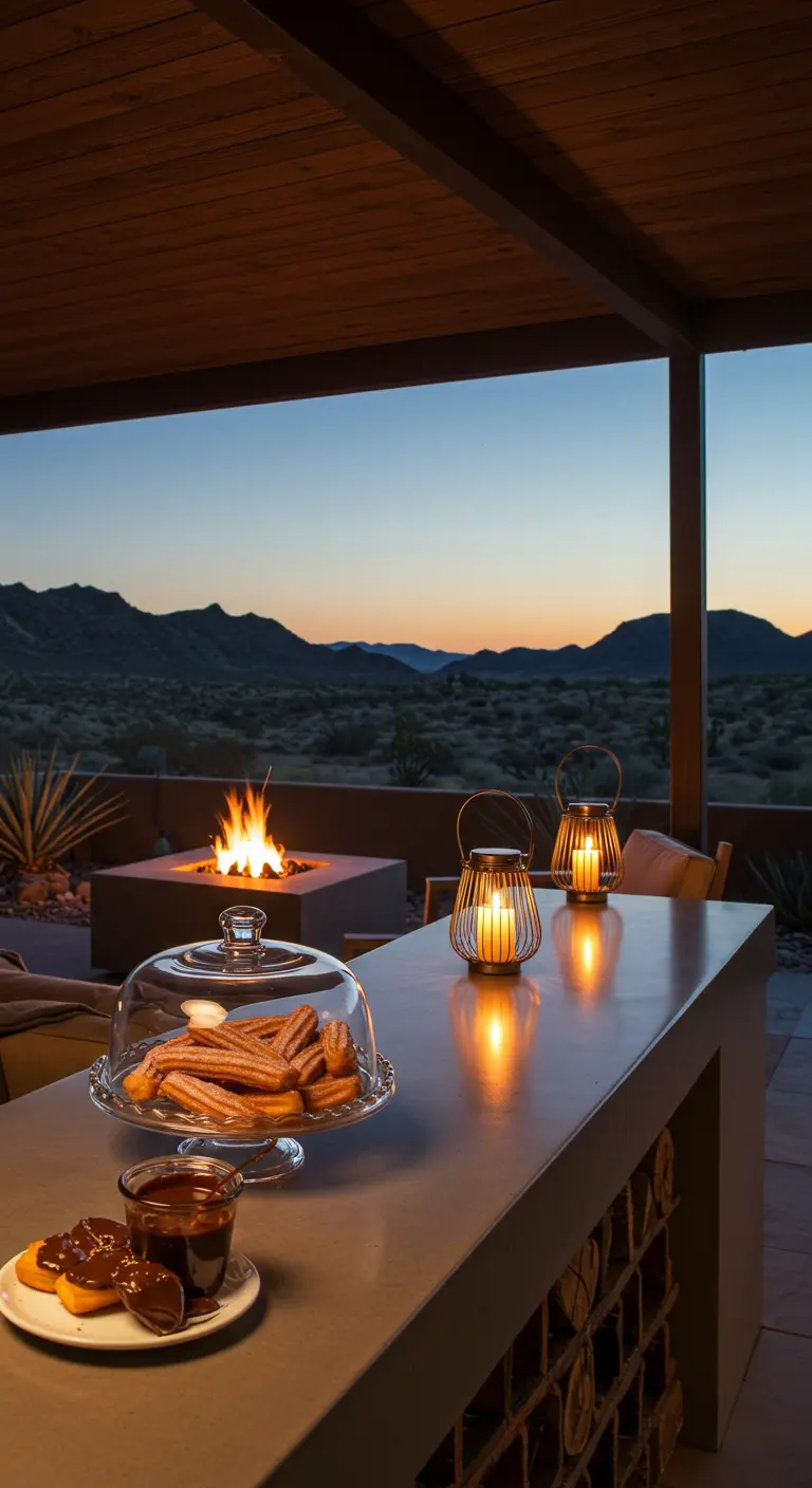 A modern concrete patio bar at sunset with churros under a cloche, a fire pit, and desert views.
