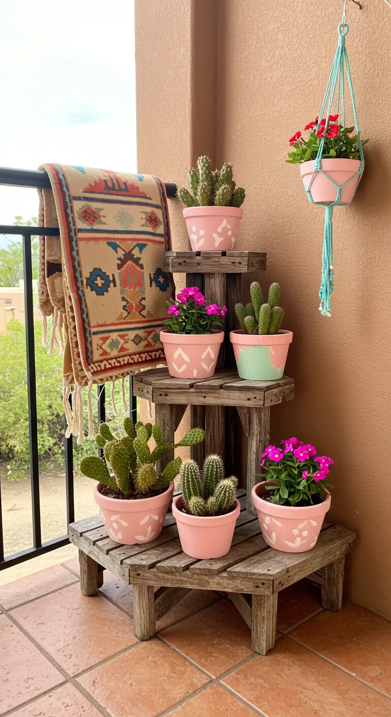 A rustic wooden plant stand with hand-painted pots and a tribal blanket.