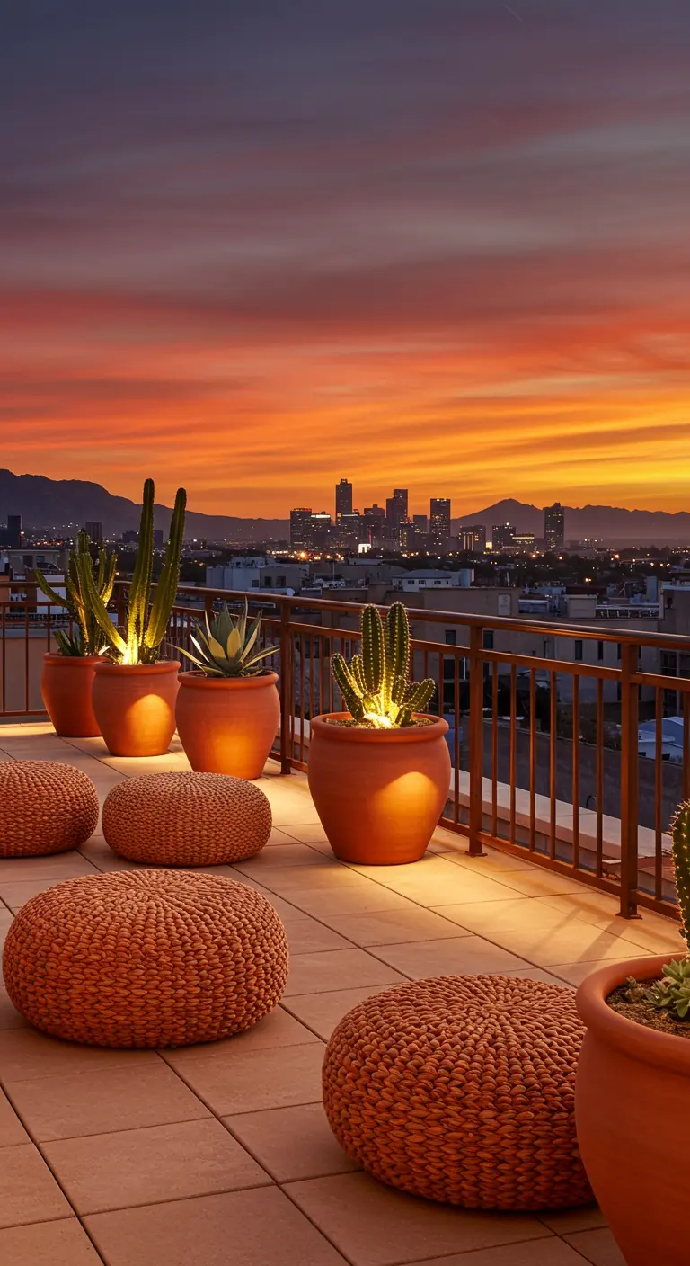 Rooftop terrace at sunset with terracotta-colored woven poufs and various cacti in clay pots.
