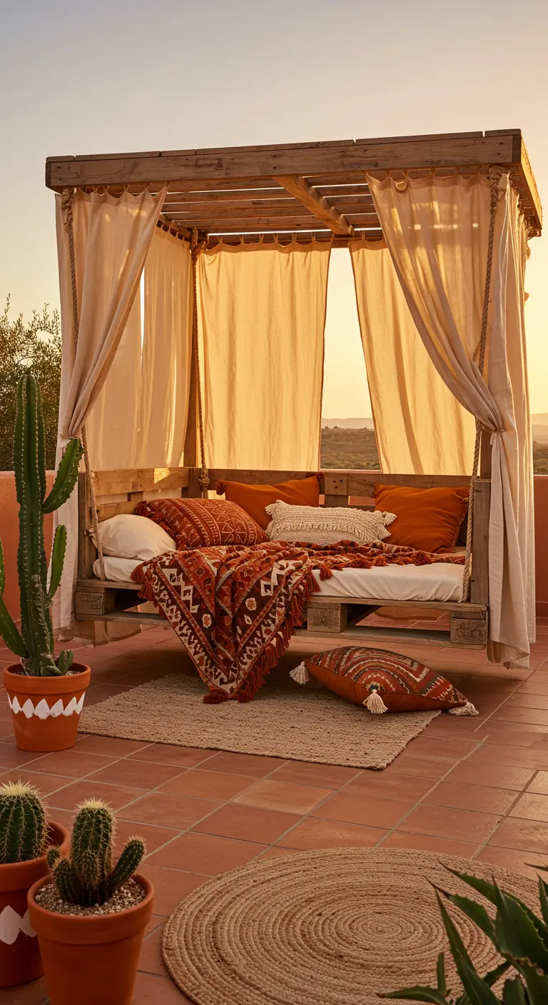 Pallet swing bed on a terracotta patio with orange pillows and a patterned throw.