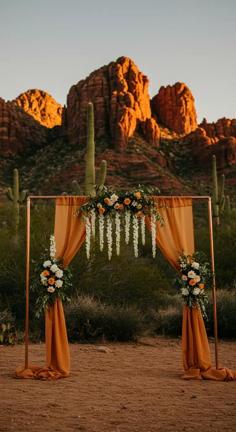 Copper wedding arch with terracotta drapes and white wisteria in the desert.