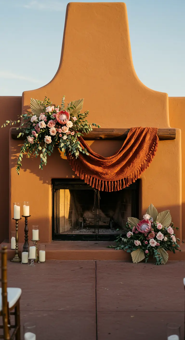 A terracotta fireplace decorated with protea, pink roses, and a rust-colored woven throw.