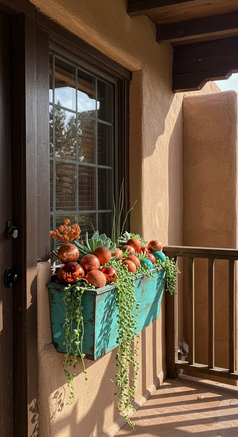 A turquoise planter with succulents and baubles in warm terracotta tones.
