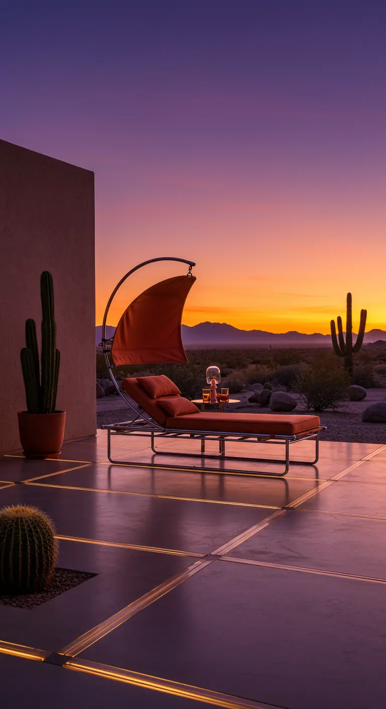 A modern orange sunbed on a patio with illuminated floor grids, set against a desert sunset.
