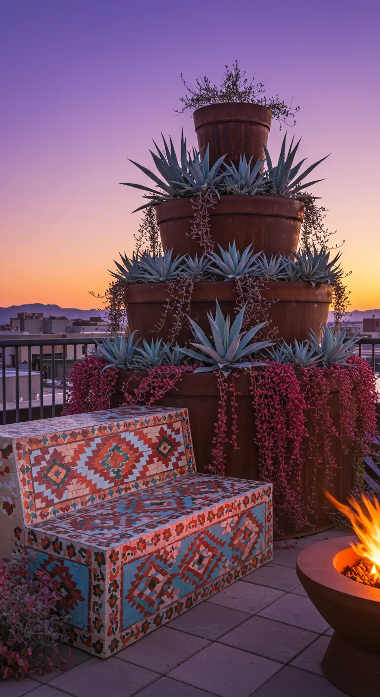 A vibrant mosaic bench in front of a huge tiered planter at sunset.