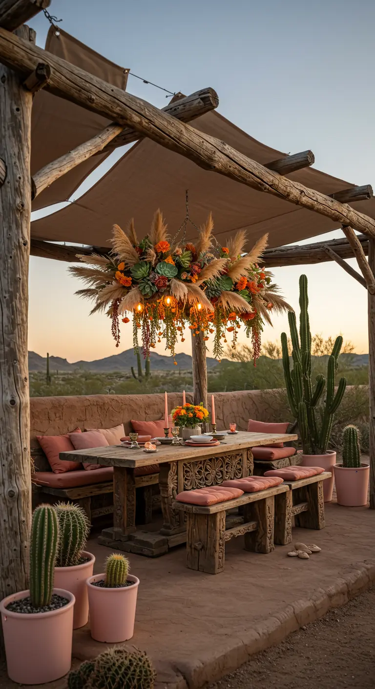 A rustic wooden pergola with a hanging chandelier of pampas grass, succulents, and desert flowers.