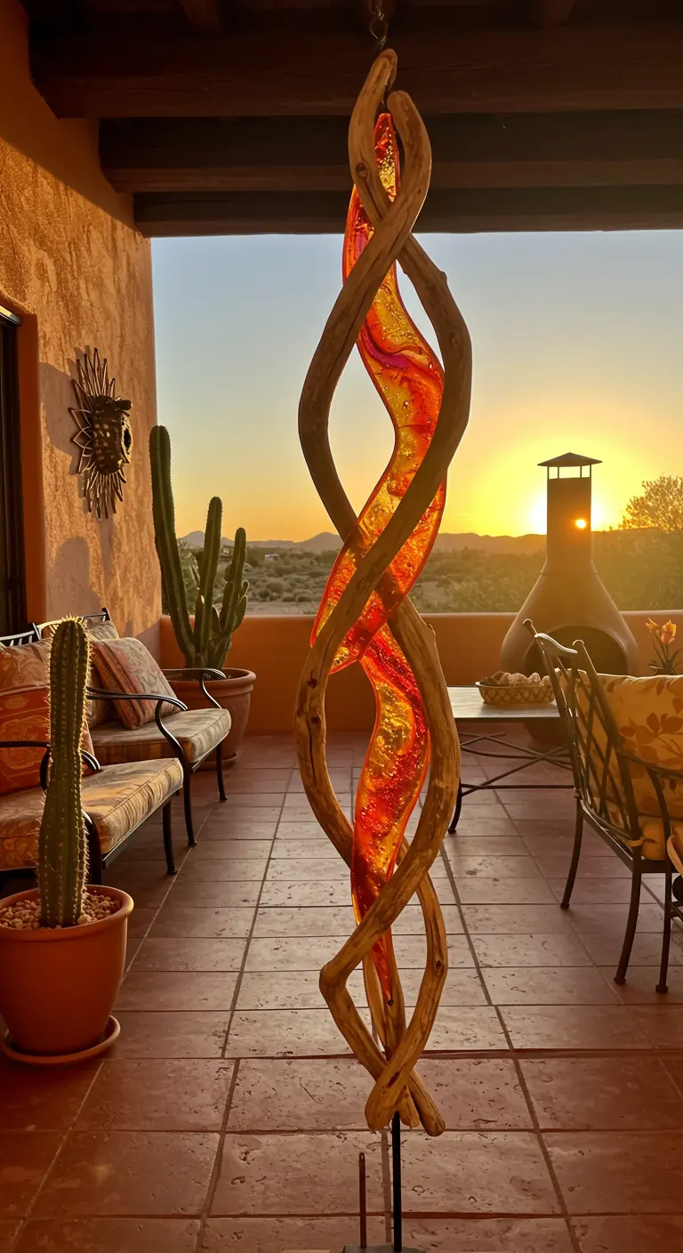 A tall, freestanding driftwood spinner with orange resin, glowing on a desert patio at sunset.
