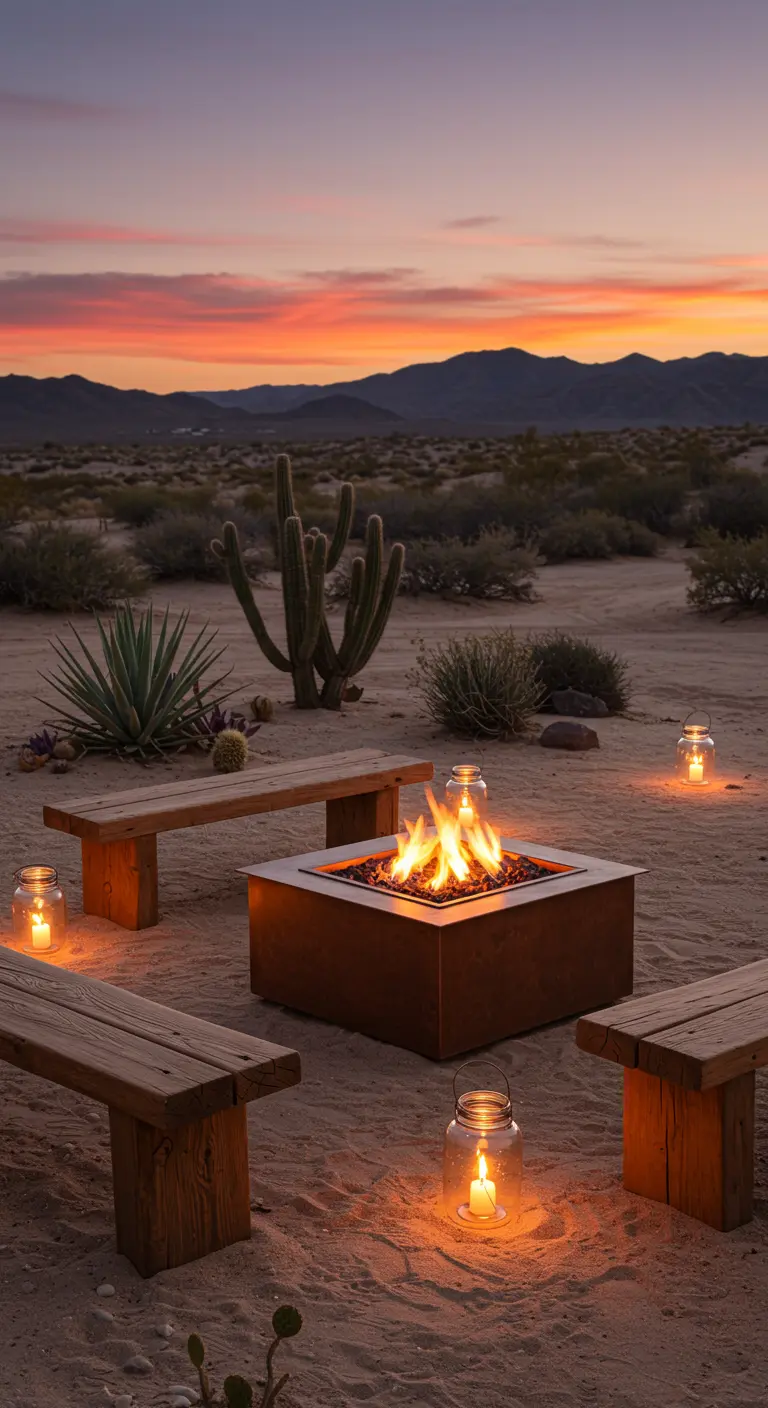 A fire pit in the desert at sunset with simple wooden benches and scattered mason jar candles.