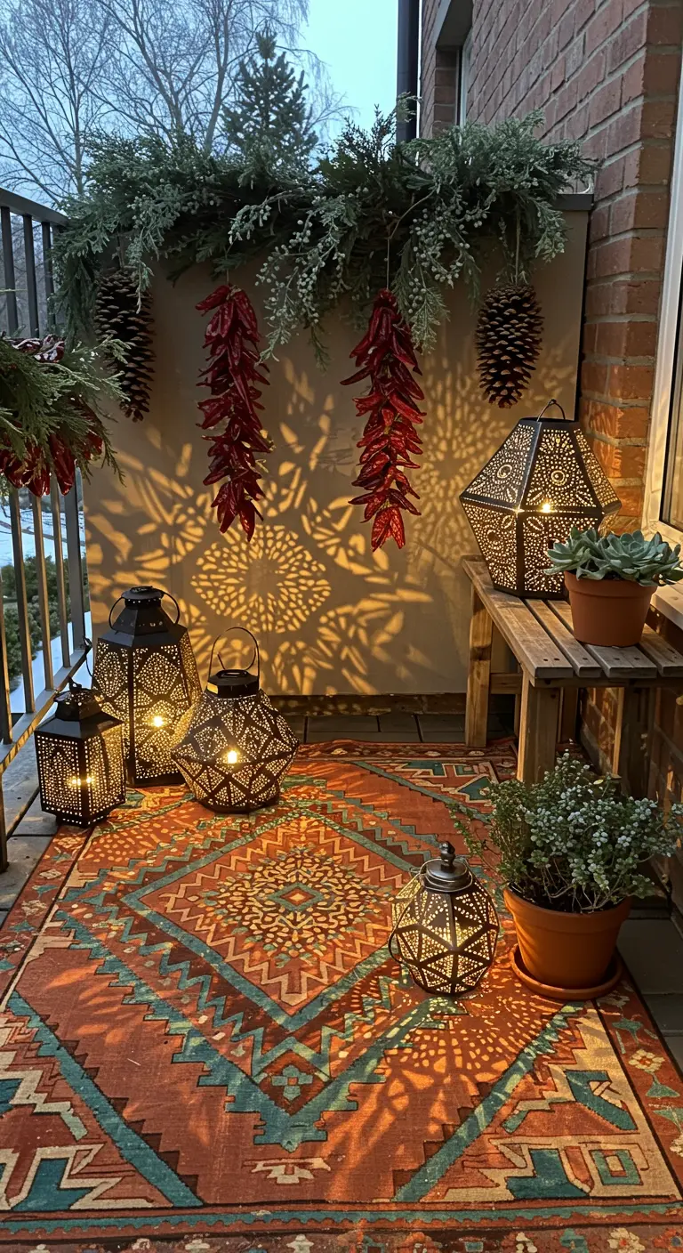 A cozy balcony with pierced metal lanterns casting intricate shadows, with a colorful rug.