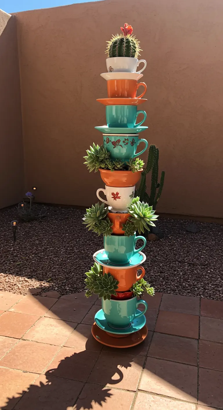 A stack of turquoise and orange teacups holding succulents and a cactus on a patio.