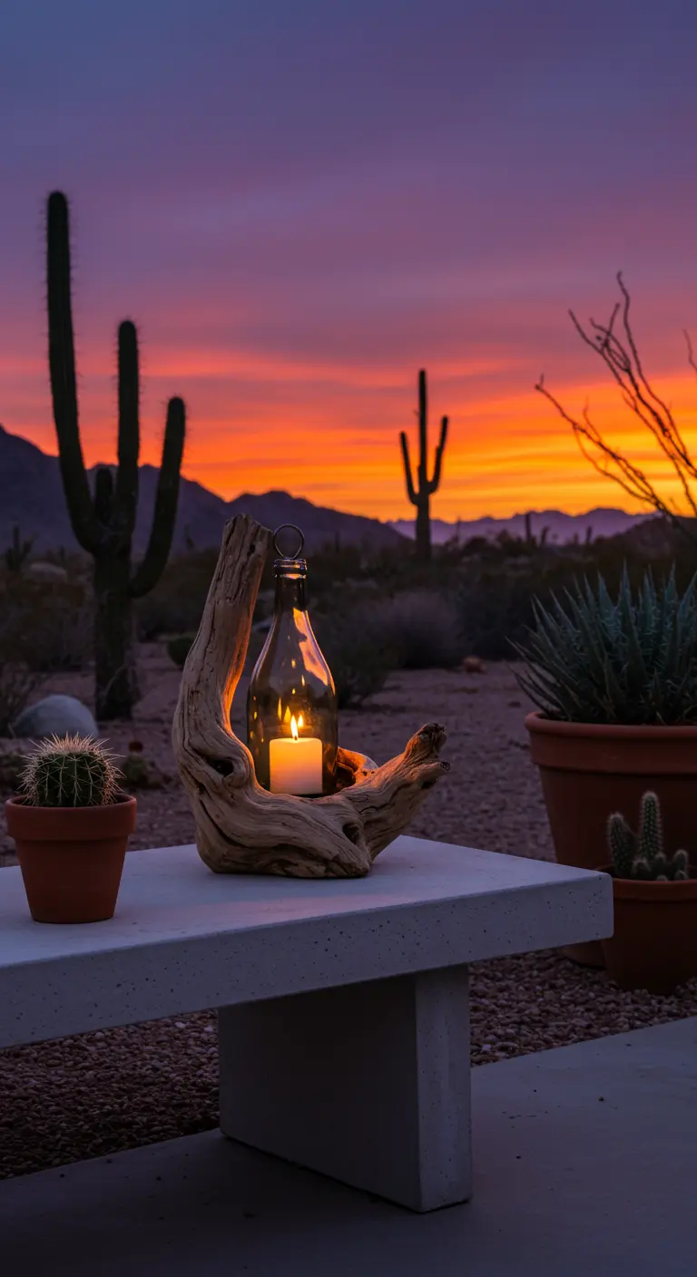 A driftwood and wine bottle lantern on a concrete bench in the desert at sunset.