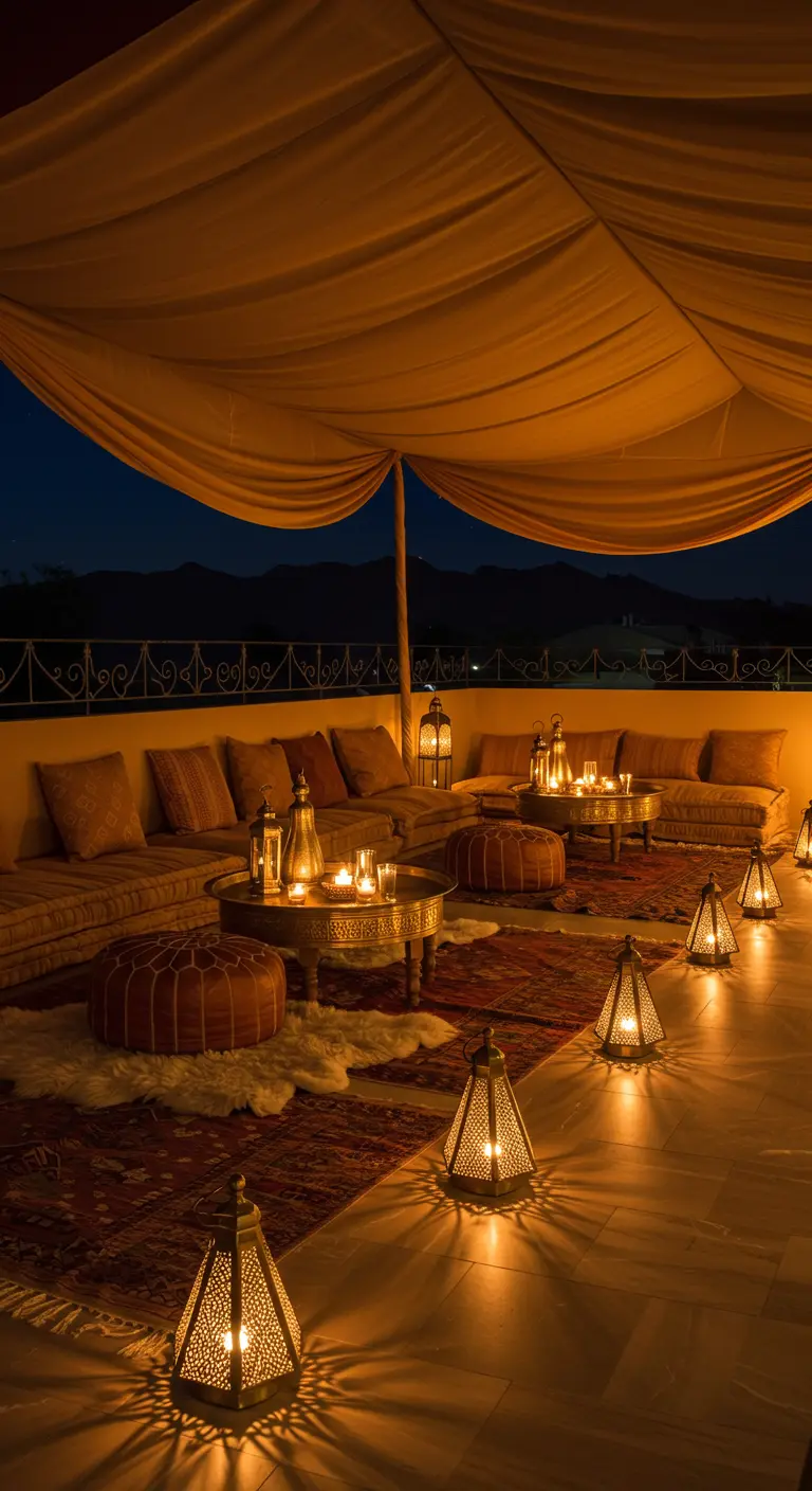 A rooftop lounge styled like a desert tent with draped fabric, low seating, and Moroccan lanterns.