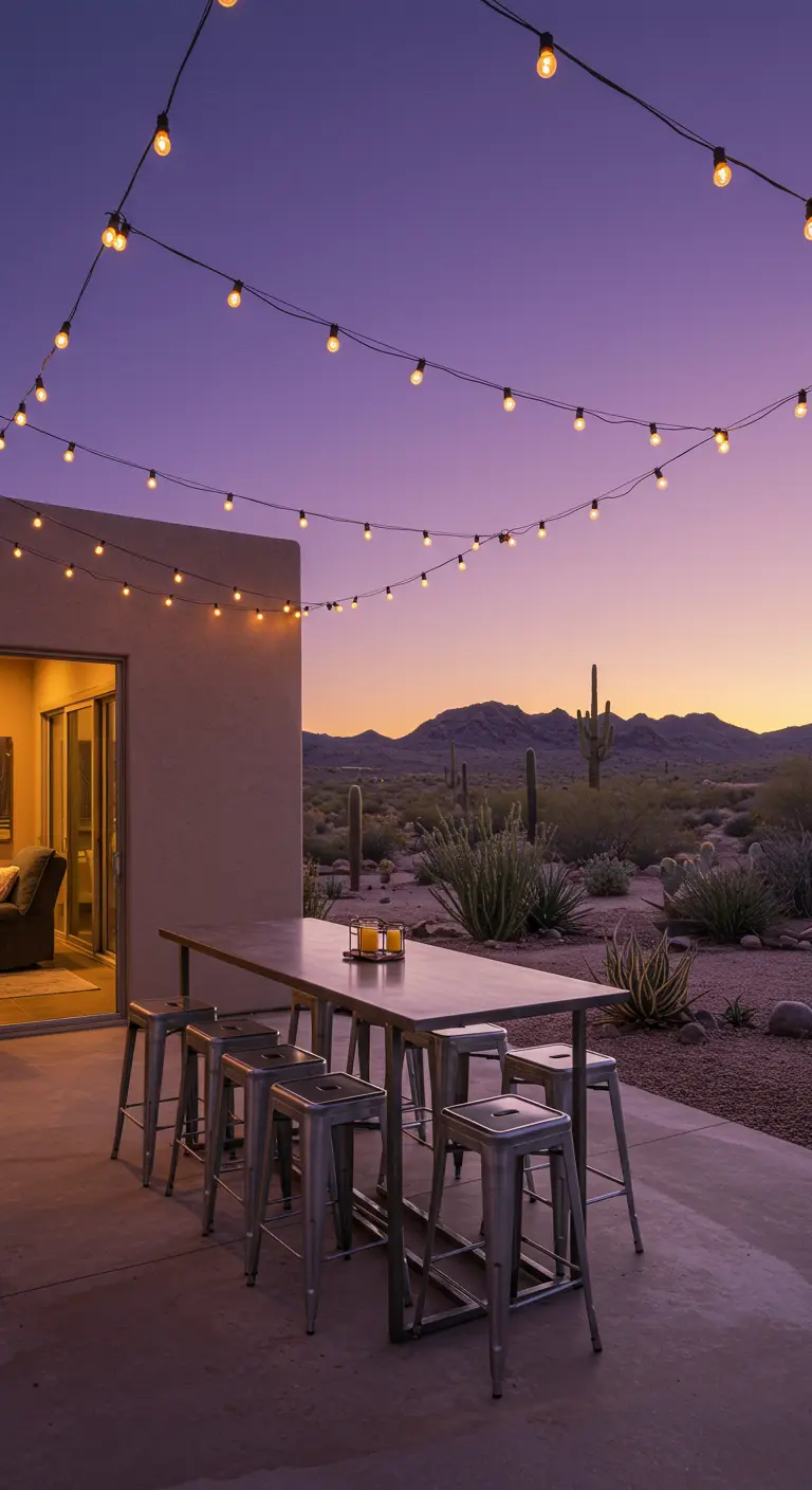Steel stools and a table on a desert patio at sunset.