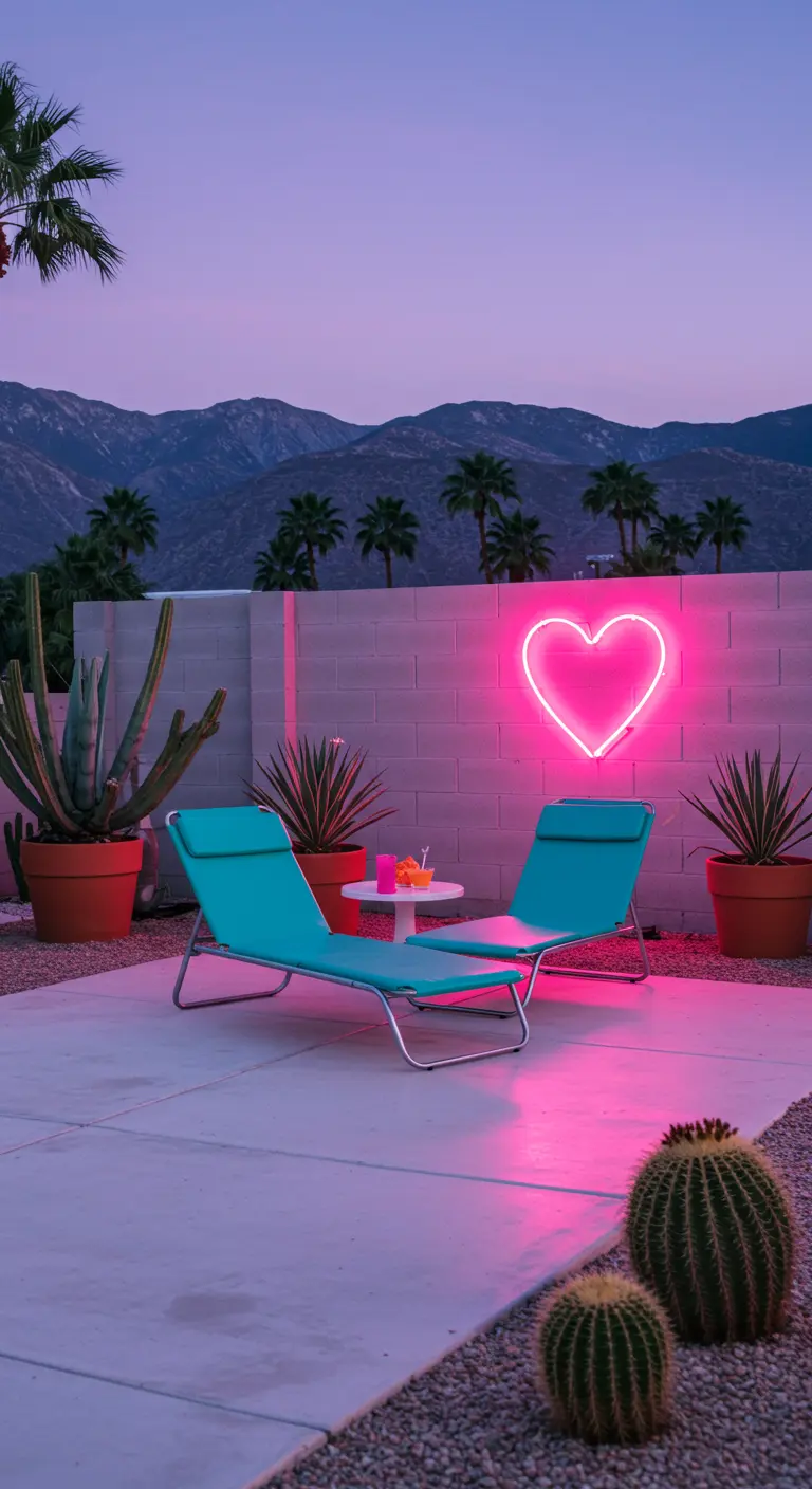 Two turquoise vinyl loungers on a patio with a pink neon heart sign on a white brick wall.