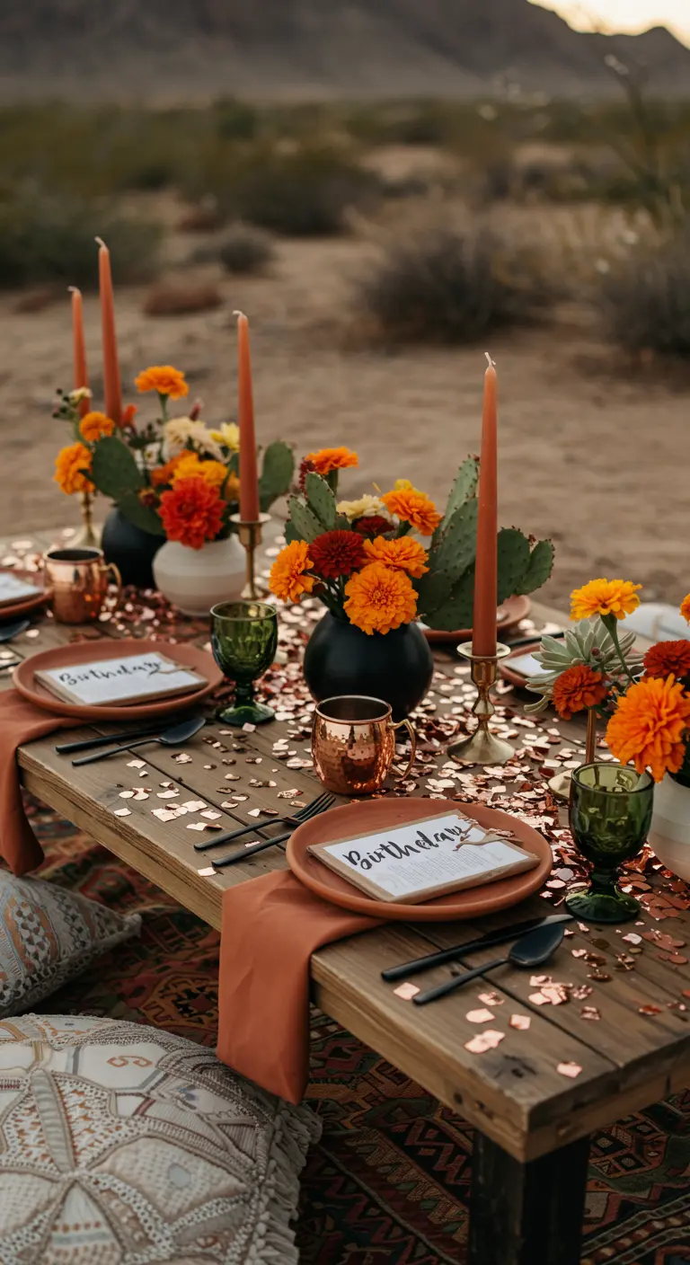 Desert boho picnic table with terracotta tones, marigolds, and cacti.