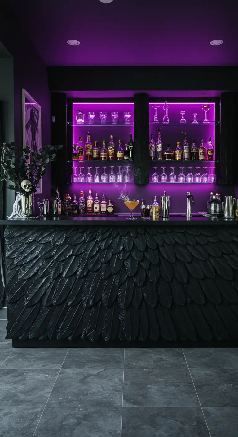 A custom home bar with a black feather-textured front and purple backlighting.