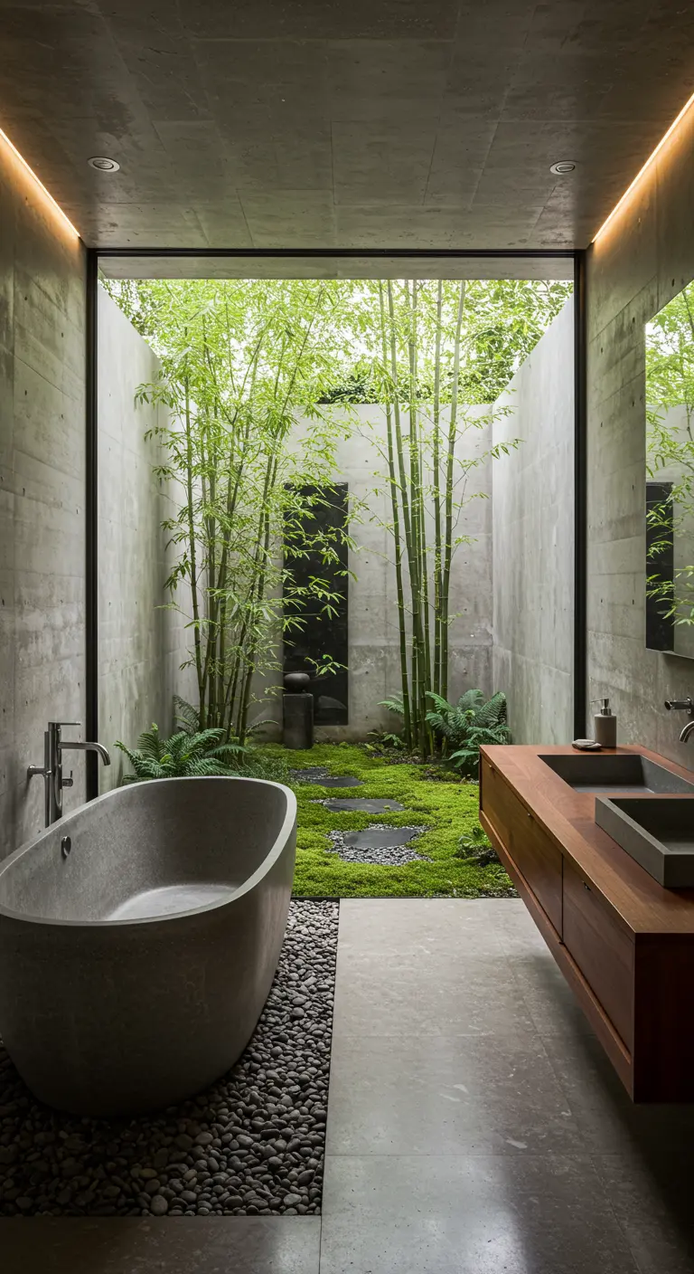Freestanding tub in a concrete bathroom with a glass wall opening to a moss garden.