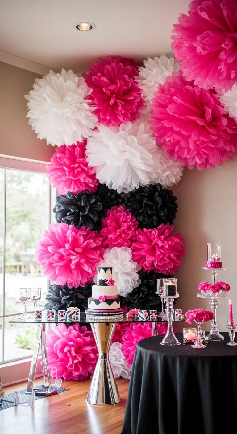 A dessert table backed by a dramatic display of hot pink, black, and white pom-poms.