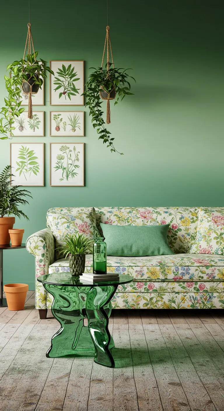 Floral sofa against a green ombre wall with hanging plants and a green glass table.